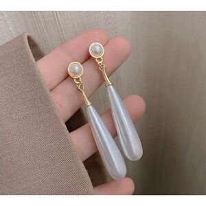 S925 Silver Post Faux Pearl Long Teardrop Drop Dangle Earrings Gold Tone White